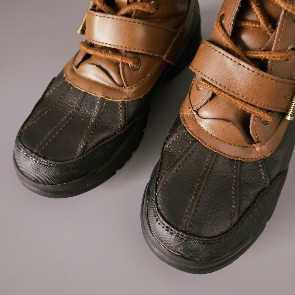 Polo Ralph Lauren Kids Duck Boots Sz 4 Youth Brown Black Lace Up Buckle Boys - Picture 9 of 16